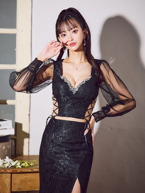 画像28: 【送料無料!】刺繍チュールスリーブセットアップロングドレス/チュール袖/刺繍/レースアップ/シアー/スリット/透け/谷間見せ/背中隠し/ロングドレス/キャバドレス【S-Lサイズ/4カラー】[OF03] 【YN】dzj (28)