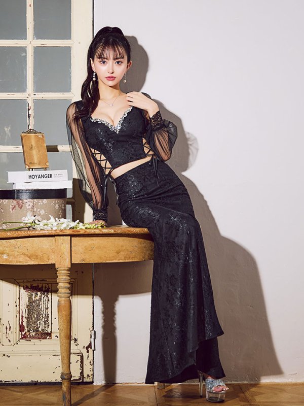 画像31: 【送料無料!】刺繍チュールスリーブセットアップロングドレス/チュール袖/刺繍/レースアップ/シアー/スリット/透け/谷間見せ/背中隠し/ロングドレス/キャバドレス【S-Lサイズ/4カラー】[OF03] 【YN】dzj (31)