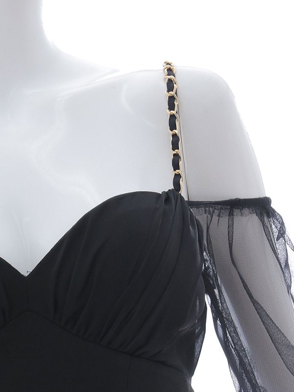 画像15: チェーンキャミソールドレス/チュール袖/肩出し/透け感/谷間見せ/背中見せ/ミニドレス/キャバドレス【XS-Lサイズ/1カラー】[OF03] 【YN】dzwz (15)