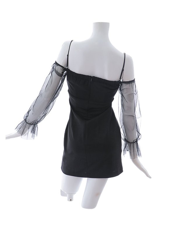 画像14: チェーンキャミソールドレス/チュール袖/肩出し/透け感/谷間見せ/背中見せ/ミニドレス/キャバドレス【XS-Lサイズ/1カラー】[OF03] 【YN】dzwz (14)