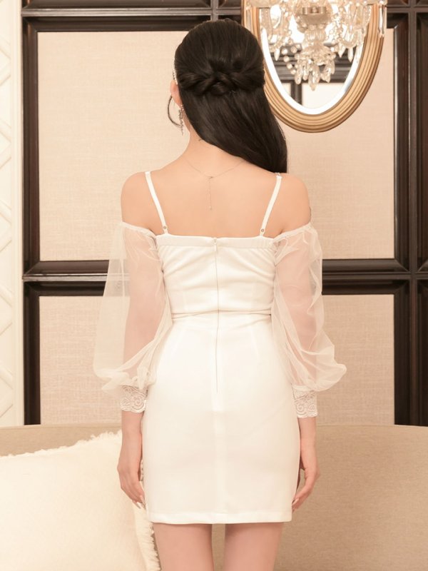 画像6: 【送料無料！】 刺繍スパンコールオフショルミニドレス/チュール袖/レース/キャミ/タイト/谷間見せ/背中見せ/ミニドレス/キャバドレス【XS-Lサイズ/1カラー】[OF03]【YN】dzj (6)