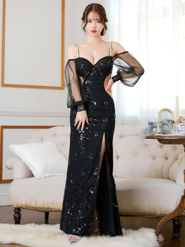 画像3: 【送料無料！】刺繍スパンコールドレス/パール/キャミ/チュール/スリット/谷間見せ/背中見せ/ロングドレス/キャバドレス【S-Lサイズ/2カラー】[OF03] 【YN】dzc (3)