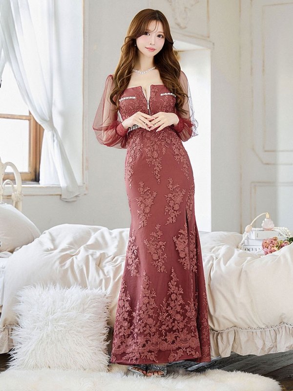 画像3: 【送料無料！】花柄刺繍レースドレス/ジップアップ/ビジュー/パール/チュール袖/谷間見せ/背中隠し/ロングドレス/キャバドレス【S-Lサイズ/2カラー】[OF03] 【YN】dzj (3)