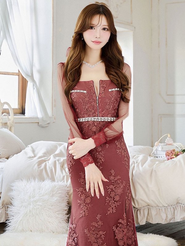 画像4: 【送料無料！】花柄刺繍レースドレス/ジップアップ/ビジュー/パール/チュール袖/谷間見せ/背中隠し/ロングドレス/キャバドレス【S-Lサイズ/2カラー】[OF03] 【YN】dzj (4)