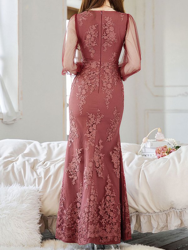 画像7: 【送料無料！】花柄刺繍レースドレス/ジップアップ/ビジュー/パール/チュール袖/谷間見せ/背中隠し/ロングドレス/キャバドレス【S-Lサイズ/2カラー】[OF03] 【YN】dzj (7)