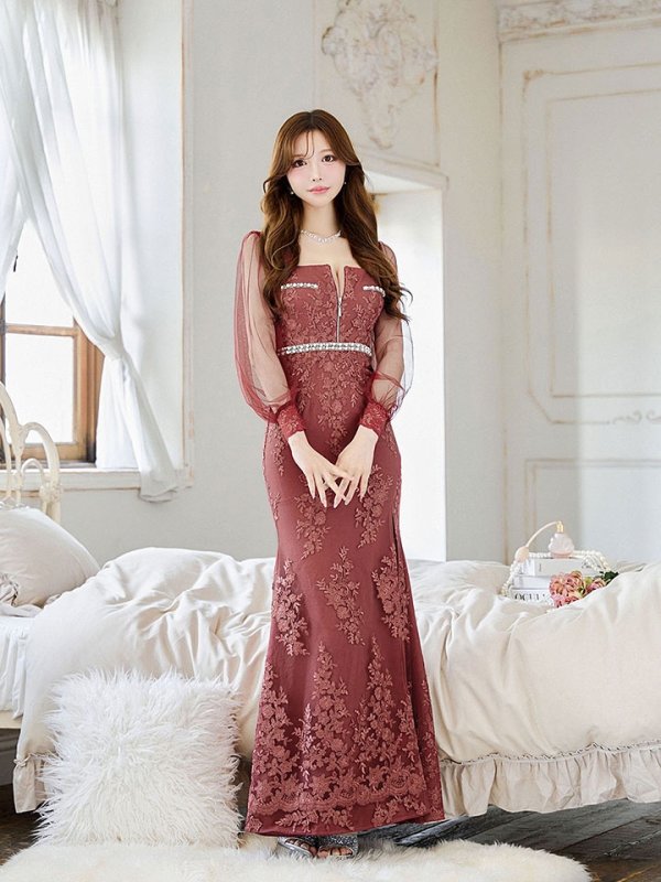 画像14: 【送料無料！】花柄刺繍レースドレス/ジップアップ/ビジュー/パール/チュール袖/谷間見せ/背中隠し/ロングドレス/キャバドレス【S-Lサイズ/2カラー】[OF03] 【YN】dzj (14)