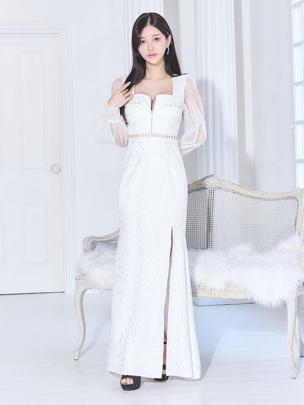 画像3: 【送料無料！】花柄刺繍レースドレス/ジップアップ/ビジュー/パール/チュール袖/谷間見せ/背中隠し/ロングドレス/キャバドレス【S-Lサイズ/2カラー】[OF03] 【YN】dzj (3)