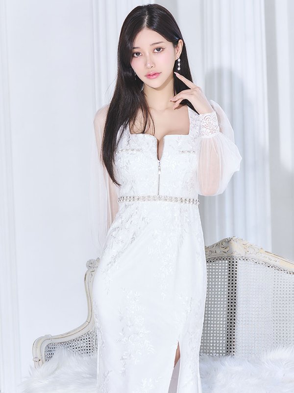 画像4: 【送料無料！】花柄刺繍レースドレス/ジップアップ/ビジュー/パール/チュール袖/谷間見せ/背中隠し/ロングドレス/キャバドレス【S-Lサイズ/2カラー】[OF03] 【YN】dzj (4)