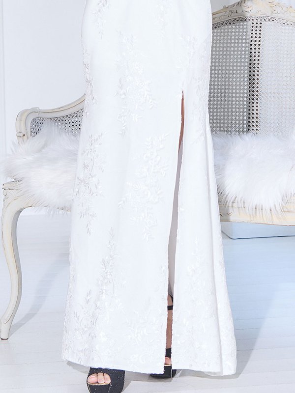 画像6: 【送料無料！】花柄刺繍レースドレス/ジップアップ/ビジュー/パール/チュール袖/谷間見せ/背中隠し/ロングドレス/キャバドレス【S-Lサイズ/2カラー】[OF03] 【YN】dzj (6)