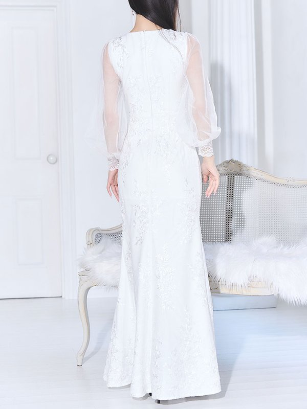 画像7: 【送料無料！】花柄刺繍レースドレス/ジップアップ/ビジュー/パール/チュール袖/谷間見せ/背中隠し/ロングドレス/キャバドレス【S-Lサイズ/2カラー】[OF03] 【YN】dzj (7)