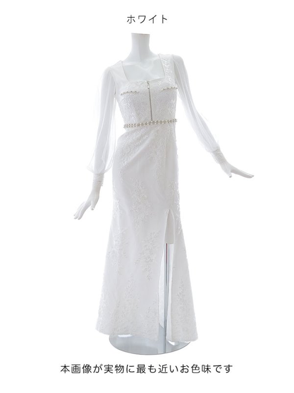 画像15: 【送料無料！】花柄刺繍レースドレス/ジップアップ/ビジュー/パール/チュール袖/谷間見せ/背中隠し/ロングドレス/キャバドレス【S-Lサイズ/2カラー】[OF03] 【YN】dzj (15)