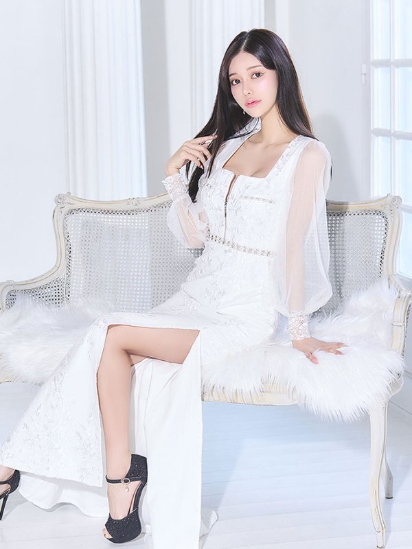 画像9: 【送料無料！】花柄刺繍レースドレス/ジップアップ/ビジュー/パール/チュール袖/谷間見せ/背中隠し/ロングドレス/キャバドレス【S-Lサイズ/2カラー】[OF03] 【YN】dzj (9)