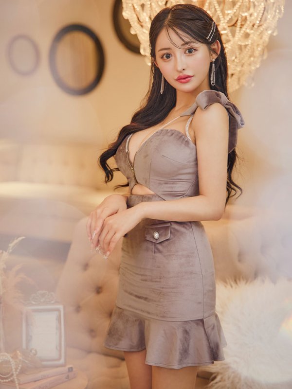 画像7: リボンショルダーベロアセットアップドレス/キャバドレス【XS-Lサイズ/1カラー】[OF03] 【YN】dzwe (7)