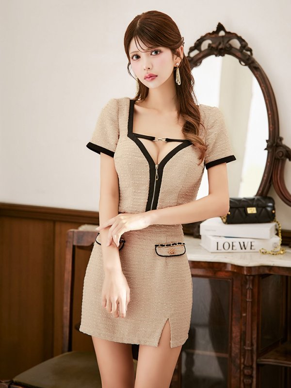 画像12: 送料無料！バイカラーツイードセットアップ/半袖/パイピング/ボタン/ジップアップ/タイト/谷間見せ/背中隠し/ミニドレス/キャバドレス【XS-Lサイズ/1カラー】[OF03] 【YN】dzwe【一部予約商品/2月上旬発送予定】 (12)