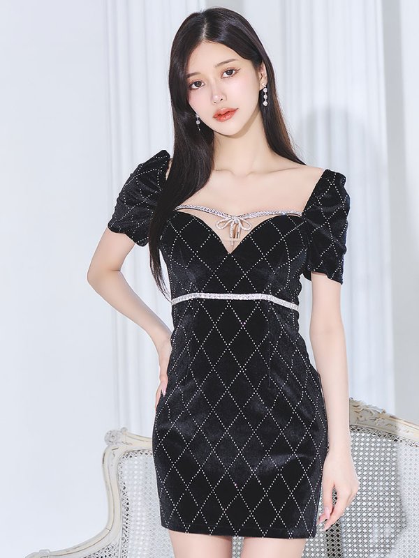 画像4: ブラックベロアドレス/リボン/ビジュー/谷間見せ/背中隠し/ミニドレス/キャバドレス【XS-Lサイズ/2カラー】[OF03] 【YN】dzcv (4)