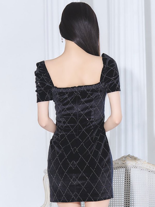 画像7: ブラックベロアドレス/リボン/ビジュー/谷間見せ/背中隠し/ミニドレス/キャバドレス【XS-Lサイズ/2カラー】[OF03] 【YN】dzcv (7)