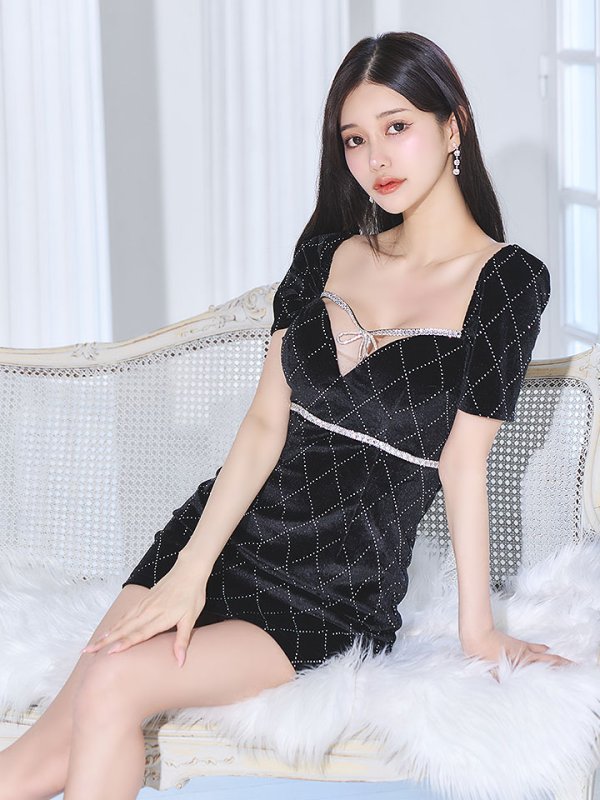 画像10: ブラックベロアドレス/リボン/ビジュー/谷間見せ/背中隠し/ミニドレス/キャバドレス【XS-Lサイズ/2カラー】[OF03] 【YN】dzcv (10)