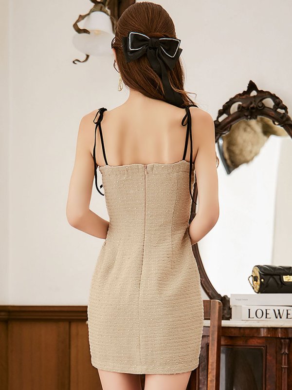 画像6: 再入荷!【送料無料！】ツイードパイピングキャミワンピ/キャミソール/バイカラー/リボン/タイト/谷間見せ/背中見せ/ミニドレス/キャバドレス【XS-Mサイズ/1カラー】[OF03] 【YN】dzc (6)