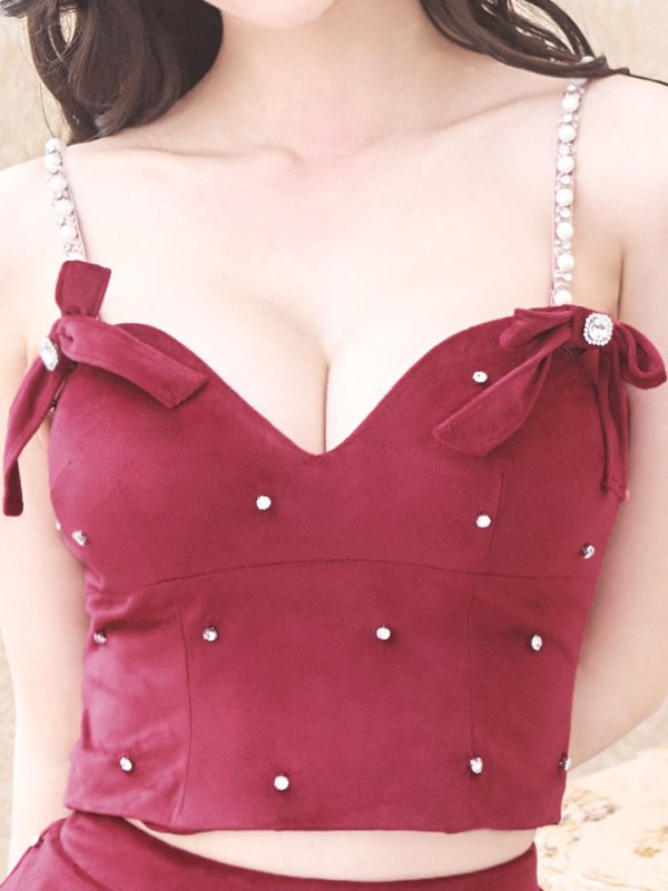 画像5: 【送料無料!】ベロアキャミセットアップ/パール/リボン/谷間見せ/背中見せ/ビジュー/ミニドレス/キャバドレス【XS-Mサイズ/2カラー】[OF03] 【YN】dzjv (5)