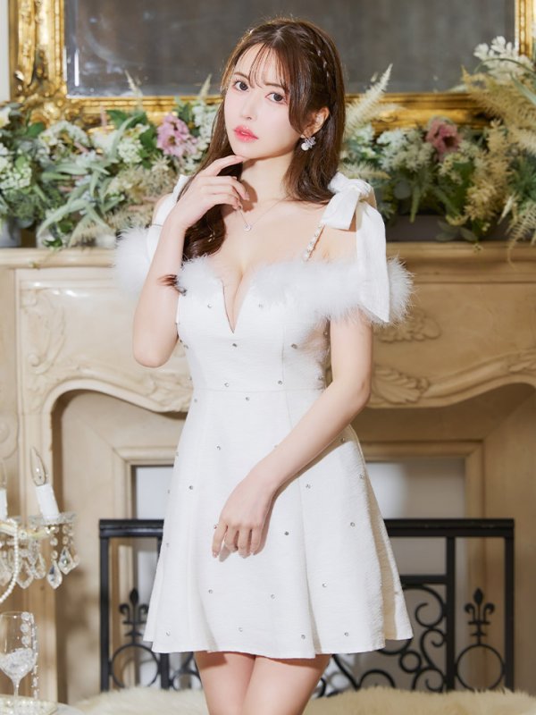 画像3: 【送料無料! 】ファーリボンオフショルビジュードレス/パール紐/キャミ/Aライン/谷間見せ/背中見せ/ミニドレス/キャバドレス【XS-Lサイズ/1カラー】[OF03] 【YN】dzw (3)