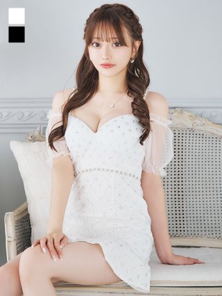 送料無料! 】ファーリボンオフショルビジュードレス/パール紐