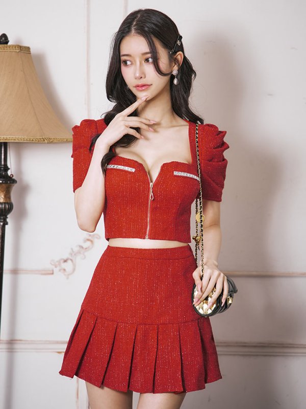 画像4: 【送料無料！】ツイードセットアップドレス/ローライズ/ローウエスト/2ピース/半袖/ジップアップ/プリーツスカート/谷間見せ/背中隠し/ミニドレス/キャバドレス【YN】【XS-Lサイズ/2カラー】[OF03] 【YN】dzjk (4)