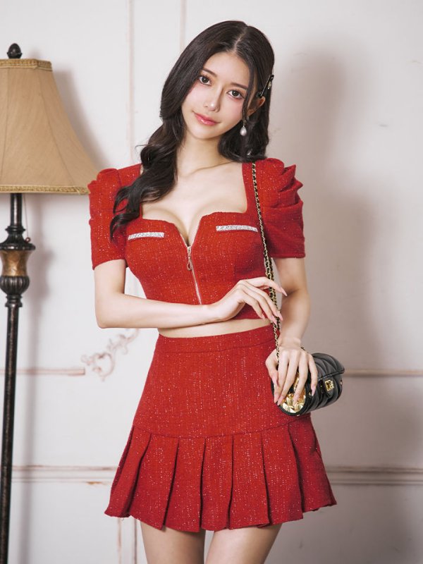 画像8: 【送料無料！】ツイードセットアップドレス/ローライズ/ローウエスト/2ピース/半袖/ジップアップ/プリーツスカート/谷間見せ/背中隠し/ミニドレス/キャバドレス【YN】【XS-Lサイズ/2カラー】[OF03] 【YN】dzjk (8)