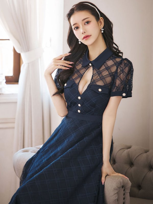 画像9: 【送料無料！】【sifeel/シフィール】シースルーチュールワンピース/半袖/襟付き/パールボタン/谷間見せ/背中隠し/ミディアムドレス/キャバドレス【S-Lサイズ/1カラー】[OF03] 【YN】dzw (9)