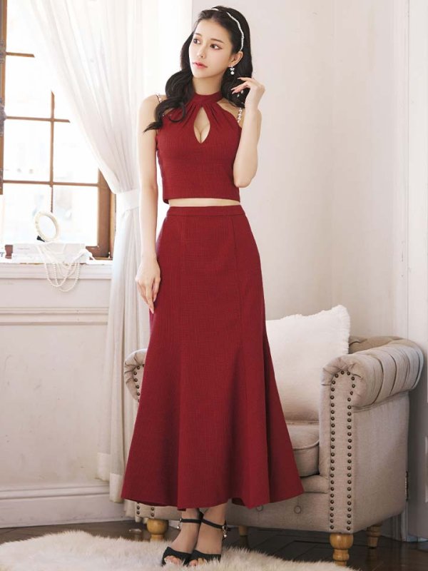 画像2: 【送料無料!】【sifeel/シフィール】ツイードロングセットアップ/ホルターネック/キャミ/パール紐/谷間見せ/背中隠し/ロングドレス/キャバドレス【S-Lサイズ/1カラー】[OF03]【YN】dzw (2)