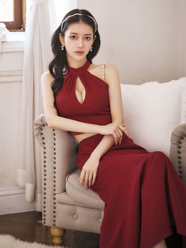 画像9: 【送料無料!】【sifeel/シフィール】ツイードロングセットアップ/ホルターネック/キャミ/パール紐/谷間見せ/背中隠し/ロングドレス/キャバドレス【S-Lサイズ/1カラー】[OF03]【YN】dzw (9)