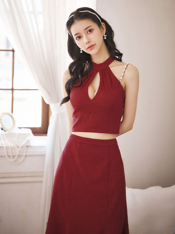 画像10: 【送料無料!】【sifeel/シフィール】ツイードロングセットアップ/ホルターネック/キャミ/パール紐/谷間見せ/背中隠し/ロングドレス/キャバドレス【S-Lサイズ/1カラー】[OF03]【YN】dzw (10)