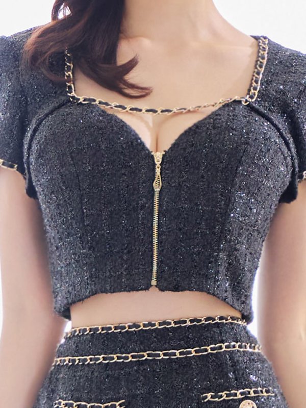 画像5: 【送料無料！】ツイードセットアップ/半袖/チェーン/ボタン/ジップアップ/タイト/谷間見せ/背中隠し/ミニドレス/キャバドレス【XS-Mサイズ/2カラー】[OF03] 【YN】dzwv (5)