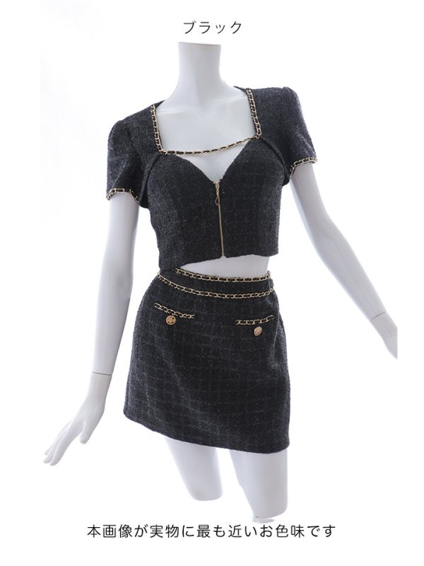 画像18: 【送料無料！】ツイードセットアップ/半袖/チェーン/ボタン/ジップアップ/タイト/谷間見せ/背中隠し/ミニドレス/キャバドレス【XS-Mサイズ/2カラー】[OF03] 【YN】dzwv (18)