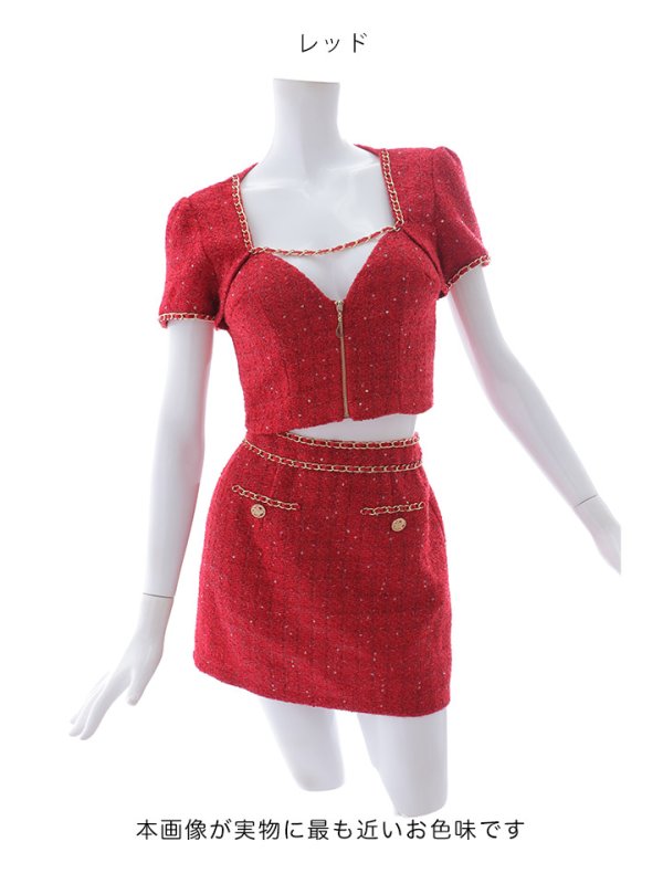 画像19: 【送料無料！】ツイードセットアップ/半袖/チェーン/ボタン/ジップアップ/タイト/谷間見せ/背中隠し/ミニドレス/キャバドレス【XS-Mサイズ/2カラー】[OF03] 【YN】dzwv (19)