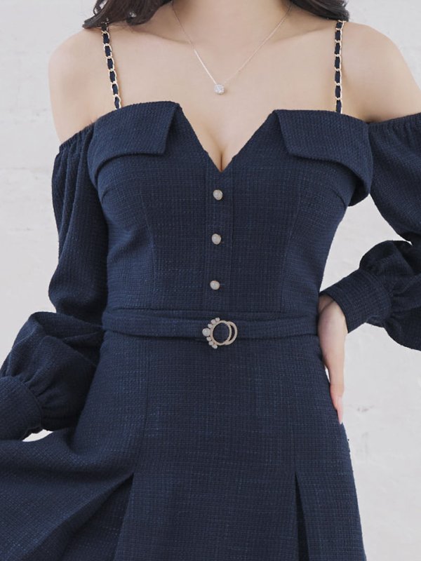 画像5: 【送料無料！】【sifeel/シフィール】ロングスリーブワンピースドレス/ツイード/襟付き/ベルト/ミディアムドレス/キャバドレス【S-Lサイズ/2カラー】[OF03] 【YN】dzj (5)