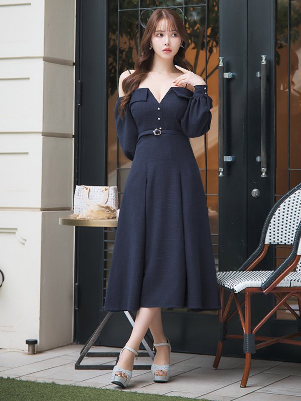 画像5: 【送料無料！】【sifeel/シフィール】ロングスリーブワンピースドレス/ツイード/襟付き/ベルト/ミディアムドレス/キャバドレス【S-Lサイズ/2カラー】[OF03] 【YN】dzj (5)