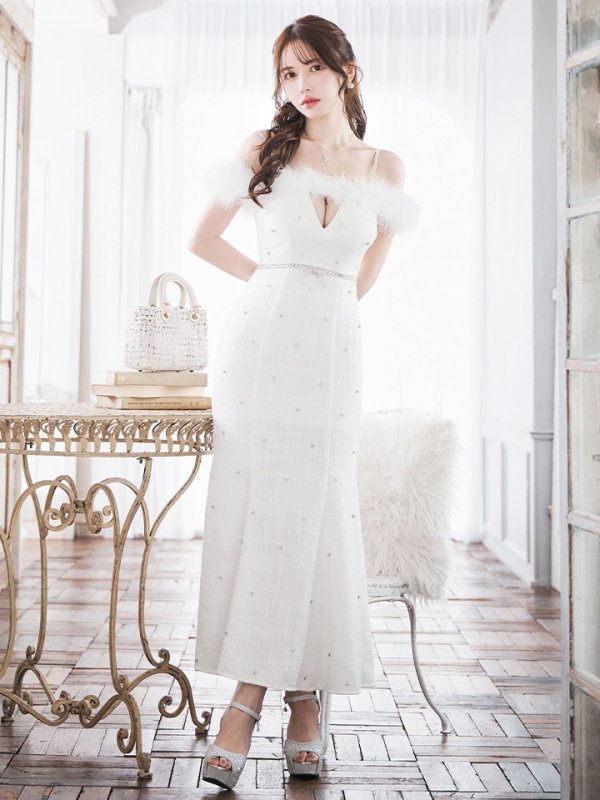 画像2: 【送料無料！】【sifeel/シフィール】ファーオフショルビジューロングドレス/リボン/ツイード/マーメイド/キャミ/谷間見せ/背中見せ/ロングドレス/キャバドレス【XS-Lサイズ/1カラー】[OF03] 【YN】dzw (2)