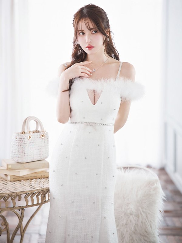 画像3: 【送料無料！】【sifeel/シフィール】ファーオフショルビジューロングドレス/リボン/ツイード/マーメイド/キャミ/谷間見せ/背中見せ/ロングドレス/キャバドレス【XS-Lサイズ/1カラー】[OF03] 【YN】dzw (3)