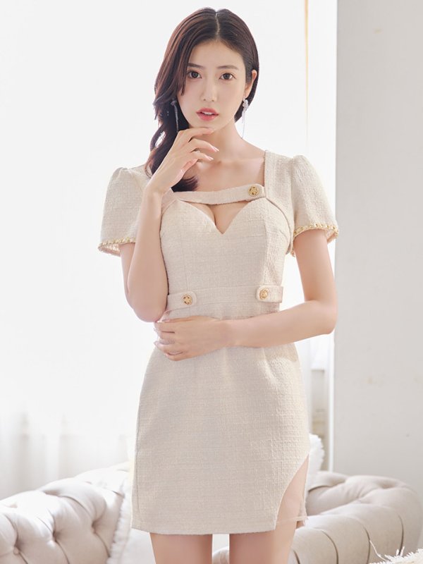 画像4: ラメツイードタイトドレス/ボリューム袖/谷間見せ/背中隠し/ボタン/タイト/ミニドレス/キャバドレス【XS-Lサイズ/2カラー】[OF03] 【YN】dzw (4)