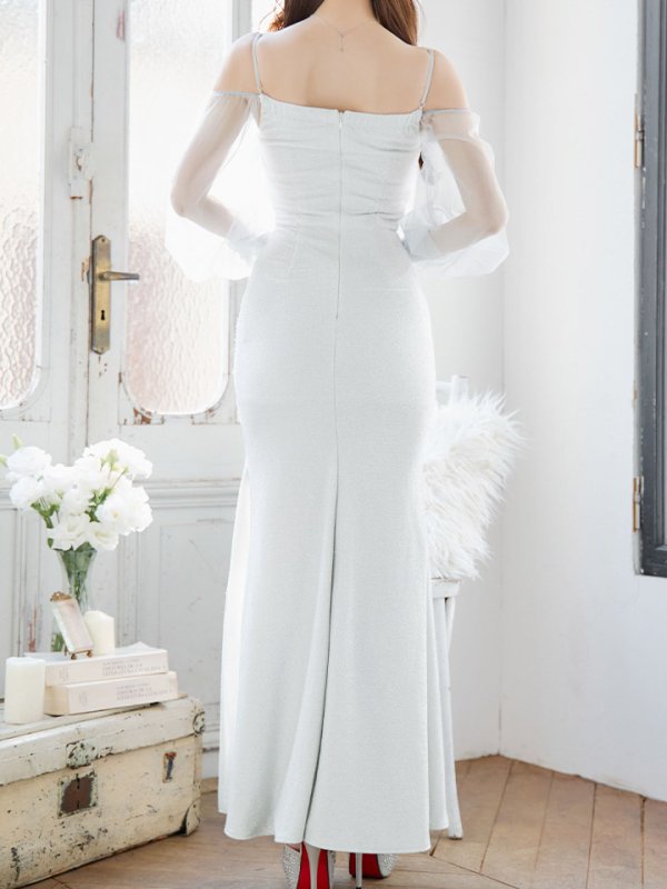 画像6: 【即日発送！】シアースリーブラメロングドレス/オフショル/キャミ/無地/ストレッチ/ビジュー /スリット/谷間見せ/背中見せ/タイト/ロングドレス/キャバドレス【S-Lサイズ/1カラー】[OF03] 【YN】dzw (6)