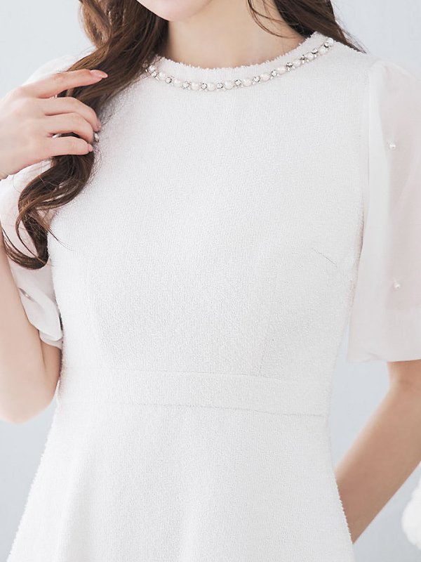 画像4: ツイードミニワンピースドレス/フレアー/パール/ビジュー/フリル袖/胸元隠し/背中隠し/ミニドレス/キャバドレス【XS-Mサイズ/1カラー】[OF03] 【YN】dzks (4)