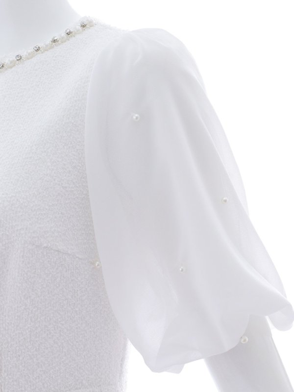 画像13: ツイードミニワンピースドレス/フレアー/パール/ビジュー/フリル袖/胸元隠し/背中隠し/ミニドレス/キャバドレス【XS-Mサイズ/1カラー】[OF03] 【YN】dzks (13)