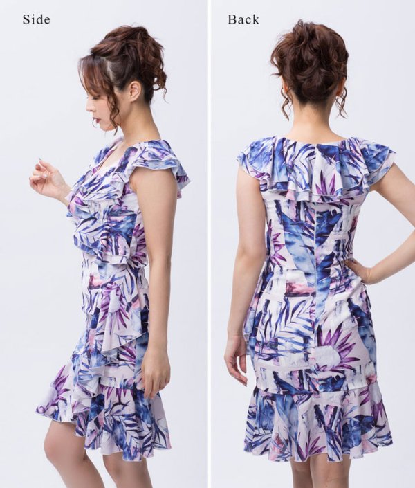 画像4: 【Sherry】【S-Lサイズ/1カラー】リーフプリントカシュクール風フリルひざ丈ミニドレス[HC02] (4)