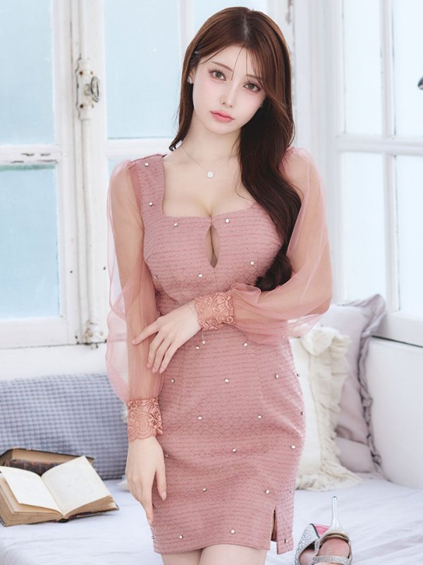 画像13: 【送料無料!】シアースリーブツイードドレス/ロングスリーブ/ビジュー /サイドスリット/谷間見せ/ミニドレス/キャバドレス【XS-XLサイズ/カラー】[OF03]【YN】dzku (13)