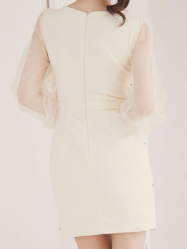 画像7: 【送料無料!】シアースリーブツイードドレス/ロングスリーブ/ビジュー /サイドスリット/谷間見せ/ミニドレス/キャバドレス【XS-XLサイズ/カラー】[OF03]【YN】dzku (7)