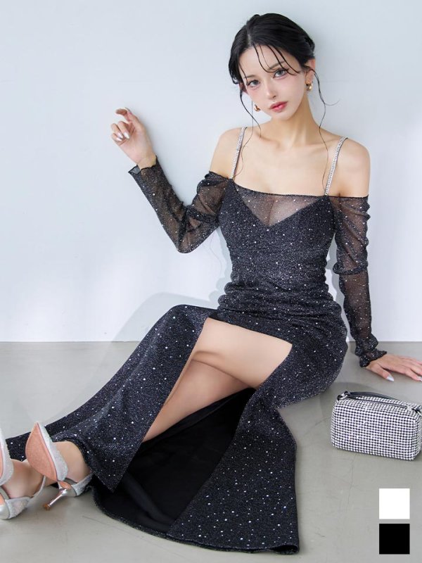 オフショルシアースリーブラメロングドレス/キャバドレス【S-L