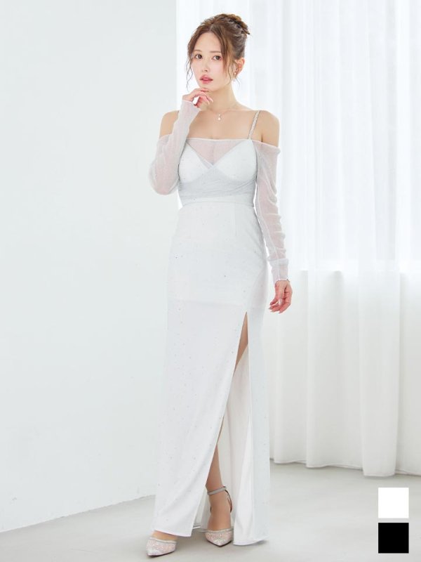 オフショルシアースリーブラメロングドレス/キャバドレス【S-Lサイズ/2