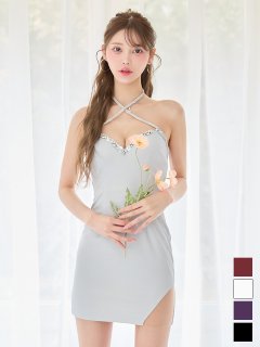 ノースリーブ/レース/襟付き/胸閉じ/ボタン/シフォン/プリーツ/ベルト/バイカラー/ミニドレス/キャバドレス