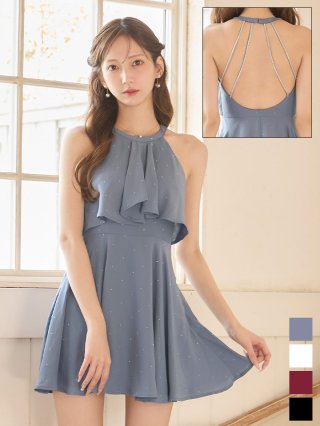【JEWELS】襟付きホルターネックラメプリーツミニワンピース　ブラウン　M ドレス/JEWELS】トップス：ホルターネック - ドレスショップ Jewels