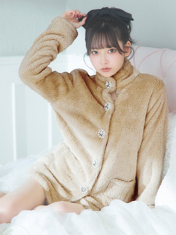 画像2: 【SALE】【ルームウェア】もこもこ/ パールボタン/ ハイネック/ 長袖/ ポケット付き/ パンツ/ セットアップ/ ルームウエア[HC02] (2)